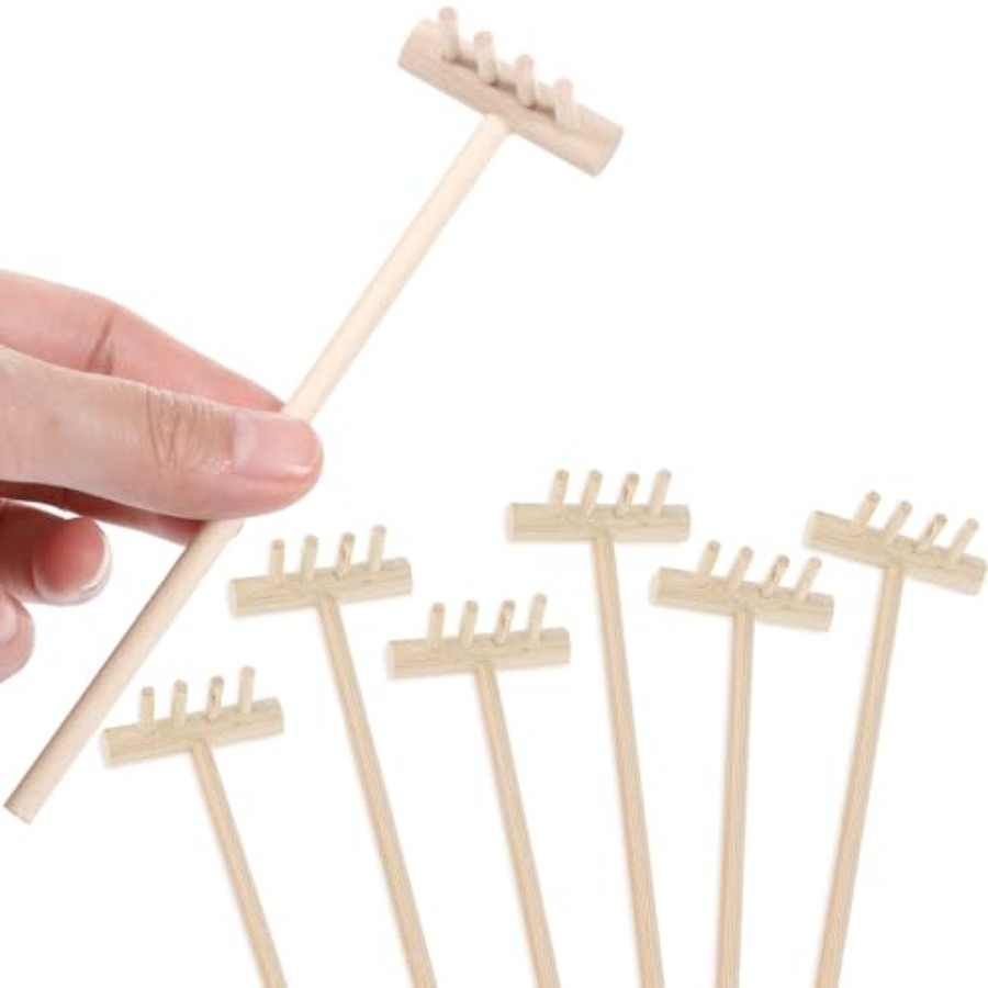 Zen Gardening Tools - 7-teiliges Miniatur-Tisch-Zen-Garten-Zubehör-Set: Holzrechen-Set in Beige für