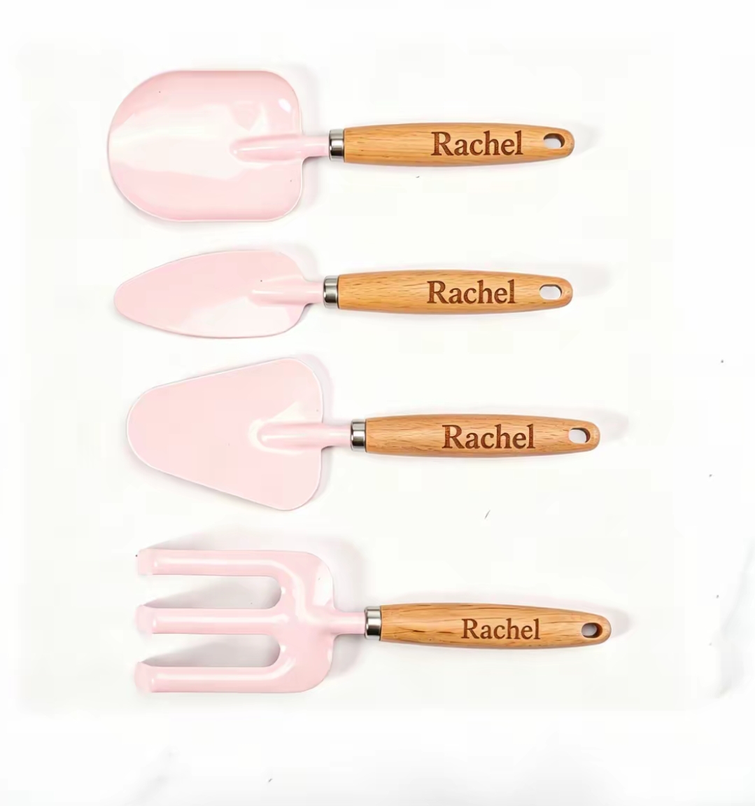 Gardening Tools With Names - Personalisiertes Gartenwerkzeug-Set mit Mini-Holzgriffen, 4-teilig, Metall-Pflanzschaufel
